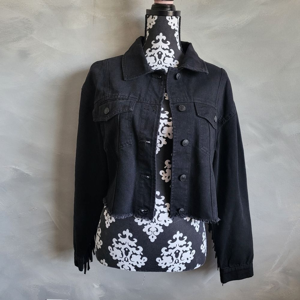 Stoosh Vintage Denim Black Crop Faux Vegan Leather Fringe Jacket Size M - Picture 2 of 8